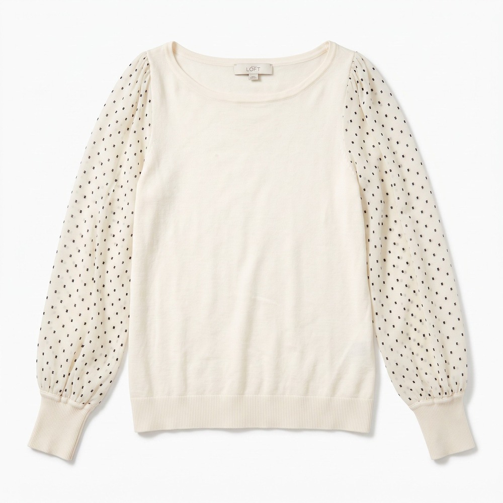 LOFT S Cream Sheer Polka Dot Mesh Sleeve Sweater Womens Cottagecore Preppy